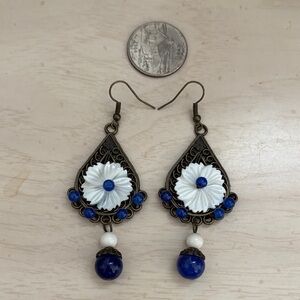 Vintage-Inspired White & Blue Floral Drop Earrings